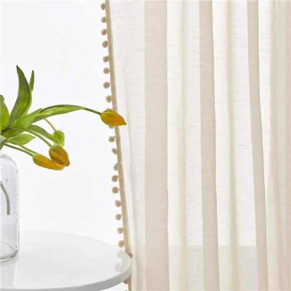 Pompom Linen Sheer Curtains for Living Room 84inches Long Decorative Natural - Picture 3 of 7